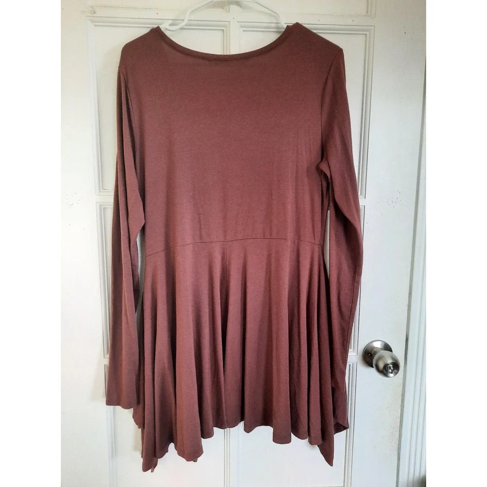 Peruvian Connection Women Large Mini Dress Choco Cotton Modal Pleated Round Neck - Picture 2 of 11